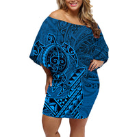 Hawaii Monk Seal and Dolphin Family Matching Off Shoulder Short Dress and Hawaiian Shirt Polynesian Kakau Pattern Blue LT03 Mom's Dress Blue - Polynesian Pride