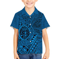 Hawaii Monk Seal and Dolphin Family Matching Short Sleeve Bodycon Dress and Hawaiian Shirt Polynesian Kakau Pattern Blue
