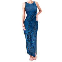 Hawaii Monk Seal and Dolphin Family Matching Tank Maxi Dress and Hawaiian Shirt Polynesian Kakau Pattern Blue