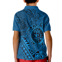 Hawaii Monk Seal and Dolphin Kid Polo Shirt Polynesian Kakau Pattern Blue