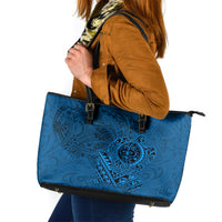 Hawaii Monk Seal and Dolphin Leather Tote Bag Polynesian Kakau Pattern Blue LT03 Blue - Polynesian Pride