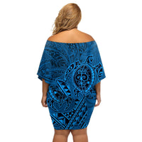 Hawaii Monk Seal and Dolphin Off Shoulder Short Dress Polynesian Kakau Pattern Blue LT03 - Polynesian Pride