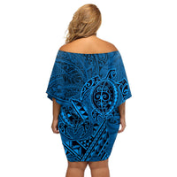 Hawaii Monk Seal and Dolphin Off Shoulder Short Dress Polynesian Kakau Pattern Blue LT03 - Polynesian Pride