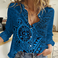 Hawaii Monk Seal and Dolphin Women Casual Shirt Polynesian Kakau Pattern Blue