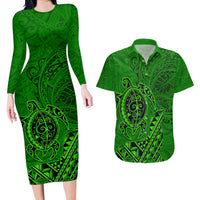 Hawaii Monk Seal and Dolphin Couples Matching Long Sleeve Bodycon Dress and Hawaiian Shirt Polynesian Kakau Pattern Green LT03 Green - Polynesian Pride