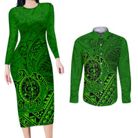 Hawaii Monk Seal and Dolphin Couples Matching Long Sleeve Bodycon Dress and Long Sleeve Button Shirt Polynesian Kakau Pattern Green LT03 Green - Polynesian Pride