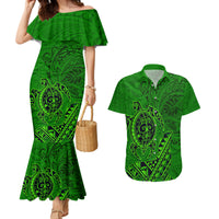 Hawaii Monk Seal and Dolphin Couples Matching Mermaid Dress and Hawaiian Shirt Polynesian Kakau Pattern Green