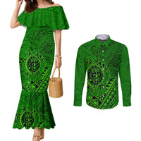 Hawaii Monk Seal and Dolphin Couples Matching Mermaid Dress and Long Sleeve Button Shirt Polynesian Kakau Pattern Green LT03 Green - Polynesian Pride