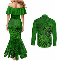 Hawaii Monk Seal and Dolphin Couples Matching Mermaid Dress and Long Sleeve Button Shirt Polynesian Kakau Pattern Green LT03 - Polynesian Pride