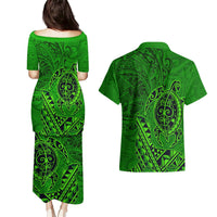 Hawaii Monk Seal and Dolphin Couples Matching Puletasi and Hawaiian Shirt Polynesian Kakau Pattern Green LT03 - Polynesian Pride
