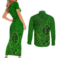 Hawaii Monk Seal and Dolphin Couples Matching Short Sleeve Bodycon Dress and Long Sleeve Button Shirt Polynesian Kakau Pattern Green LT03 - Polynesian Pride