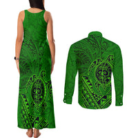 Hawaii Monk Seal and Dolphin Couples Matching Tank Maxi Dress and Long Sleeve Button Shirt Polynesian Kakau Pattern Green LT03 - Polynesian Pride