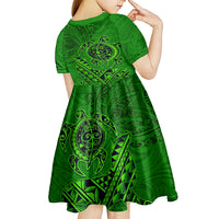 Hawaii Monk Seal and Dolphin Kid Short Sleeve Dress Polynesian Kakau Pattern Green