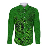 Hawaii Monk Seal and Dolphin Long Sleeve Button Shirt Polynesian Kakau Pattern Green
