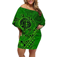 Hawaii Monk Seal and Dolphin Off Shoulder Short Dress Polynesian Kakau Pattern Green LT03 Women Green - Polynesian Pride
