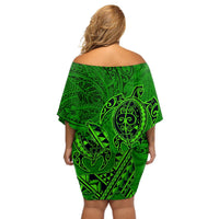 Hawaii Monk Seal and Dolphin Off Shoulder Short Dress Polynesian Kakau Pattern Green LT03 - Polynesian Pride