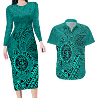 Hawaii Monk Seal and Dolphin Couples Matching Long Sleeve Bodycon Dress and Hawaiian Shirt Polynesian Kakau Pattern Turquoise LT03 Turquoise - Polynesian Pride