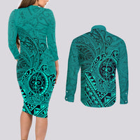 Hawaii Monk Seal and Dolphin Couples Matching Long Sleeve Bodycon Dress and Long Sleeve Button Shirt Polynesian Kakau Pattern Turquoise LT03 - Polynesian Pride
