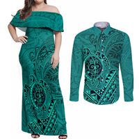 Hawaii Monk Seal and Dolphin Couples Matching Off Shoulder Maxi Dress and Long Sleeve Button Shirt Polynesian Kakau Pattern Turquoise LT03 Turquoise - Polynesian Pride