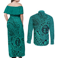 Hawaii Monk Seal and Dolphin Couples Matching Off Shoulder Maxi Dress and Long Sleeve Button Shirt Polynesian Kakau Pattern Turquoise LT03 - Polynesian Pride
