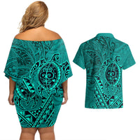 Hawaii Monk Seal and Dolphin Couples Matching Off Shoulder Short Dress and Hawaiian Shirt Polynesian Kakau Pattern Turquoise LT03 - Polynesian Pride