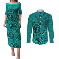 Hawaii Monk Seal and Dolphin Couples Matching Puletasi and Long Sleeve Button Shirt Polynesian Kakau Pattern Turquoise LT03 Turquoise - Polynesian Pride