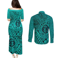 Hawaii Monk Seal and Dolphin Couples Matching Puletasi and Long Sleeve Button Shirt Polynesian Kakau Pattern Turquoise LT03 - Polynesian Pride