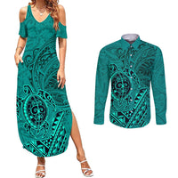 Hawaii Monk Seal and Dolphin Couples Matching Summer Maxi Dress and Long Sleeve Button Shirt Polynesian Kakau Pattern Turquoise LT03 Turquoise - Polynesian Pride