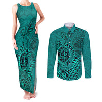 Hawaii Monk Seal and Dolphin Couples Matching Tank Maxi Dress and Long Sleeve Button Shirt Polynesian Kakau Pattern Turquoise LT03 Turquoise - Polynesian Pride