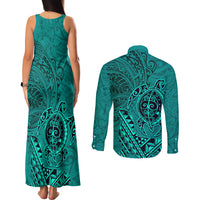 Hawaii Monk Seal and Dolphin Couples Matching Tank Maxi Dress and Long Sleeve Button Shirt Polynesian Kakau Pattern Turquoise LT03 - Polynesian Pride