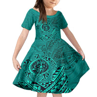 Hawaii Monk Seal and Dolphin Family Matching Off Shoulder Maxi Dress and Hawaiian Shirt Polynesian Kakau Pattern Turquoise LT03 Daughter's Dress Turquoise - Polynesian Pride