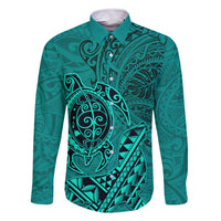 Hawaii Monk Seal and Dolphin Family Matching Off Shoulder Maxi Dress and Hawaiian Shirt Polynesian Kakau Pattern Turquoise LT03 Dad's Shirt - Long Sleeve Turquoise - Polynesian Pride