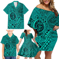 Hawaii Monk Seal and Dolphin Family Matching Off Shoulder Short Dress and Hawaiian Shirt Polynesian Kakau Pattern Turquoise LT03 - Polynesian Pride