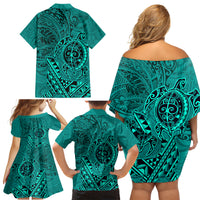 Hawaii Monk Seal and Dolphin Family Matching Off Shoulder Short Dress and Hawaiian Shirt Polynesian Kakau Pattern Turquoise LT03 - Polynesian Pride