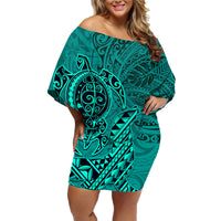 Hawaii Monk Seal and Dolphin Family Matching Off Shoulder Short Dress and Hawaiian Shirt Polynesian Kakau Pattern Turquoise LT03 Mom's Dress Turquoise - Polynesian Pride