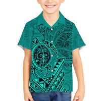 Hawaii Monk Seal and Dolphin Family Matching Puletasi and Hawaiian Shirt Polynesian Kakau Pattern Turquoise LT03 Son's Shirt Turquoise - Polynesian Pride