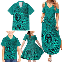 Hawaii Monk Seal and Dolphin Family Matching Summer Maxi Dress and Hawaiian Shirt Polynesian Kakau Pattern Turquoise LT03 - Polynesian Pride