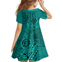 Hawaii Monk Seal and Dolphin Kid Short Sleeve Dress Polynesian Kakau Pattern Turquoise
