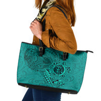 Hawaii Monk Seal and Dolphin Leather Tote Bag Polynesian Kakau Pattern Turquoise LT03 Turquoise - Polynesian Pride