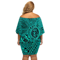 Hawaii Monk Seal and Dolphin Off Shoulder Short Dress Polynesian Kakau Pattern Turquoise LT03 - Polynesian Pride