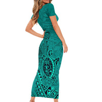 Hawaii Monk Seal and Dolphin Short Sleeve Bodycon Dress Polynesian Kakau Pattern Turquoise