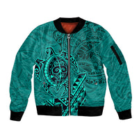 Hawaii Monk Seal and Dolphin Sleeve Zip Bomber Jacket Polynesian Kakau Pattern Turquoise LT03 Unisex Turquoise - Polynesian Pride