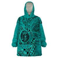 Hawaii Monk Seal and Dolphin Wearable Blanket Hoodie Polynesian Kakau Pattern Turquoise LT03 One Size Turquoise - Polynesian Pride