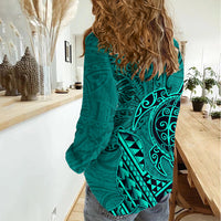 Hawaii Monk Seal and Dolphin Women Casual Shirt Polynesian Kakau Pattern Turquoise