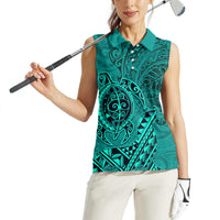 Hawaii Monk Seal and Dolphin Women Sleeveless Polo Shirt Polynesian Kakau Pattern Turquoise