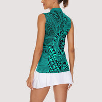 Hawaii Monk Seal and Dolphin Women Sleeveless Polo Shirt Polynesian Kakau Pattern Turquoise