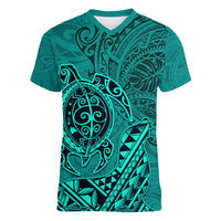 Hawaii Monk Seal and Dolphin Women V-Neck T-Shirt Polynesian Kakau Pattern Turquoise
