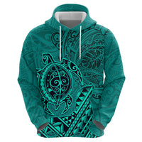 Hawaii Monk Seal and Dolphin Zip Hoodie Polynesian Kakau Pattern Turquoise