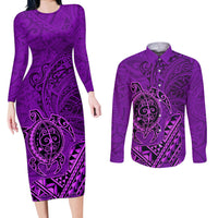 Hawaii Monk Seal and Dolphin Couples Matching Long Sleeve Bodycon Dress and Long Sleeve Button Shirt Polynesian Kakau Pattern Purple LT03 Purple - Polynesian Pride