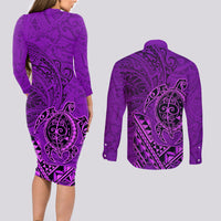 Hawaii Monk Seal and Dolphin Couples Matching Long Sleeve Bodycon Dress and Long Sleeve Button Shirt Polynesian Kakau Pattern Purple LT03 - Polynesian Pride